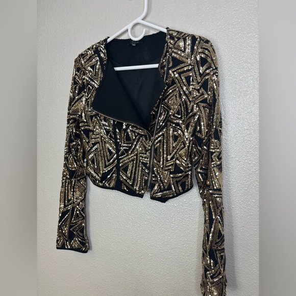Privy Womens Sequin Jacket Collarless Asymmetric Zip Long Sleeve Gold Black - Picture 2 of 5